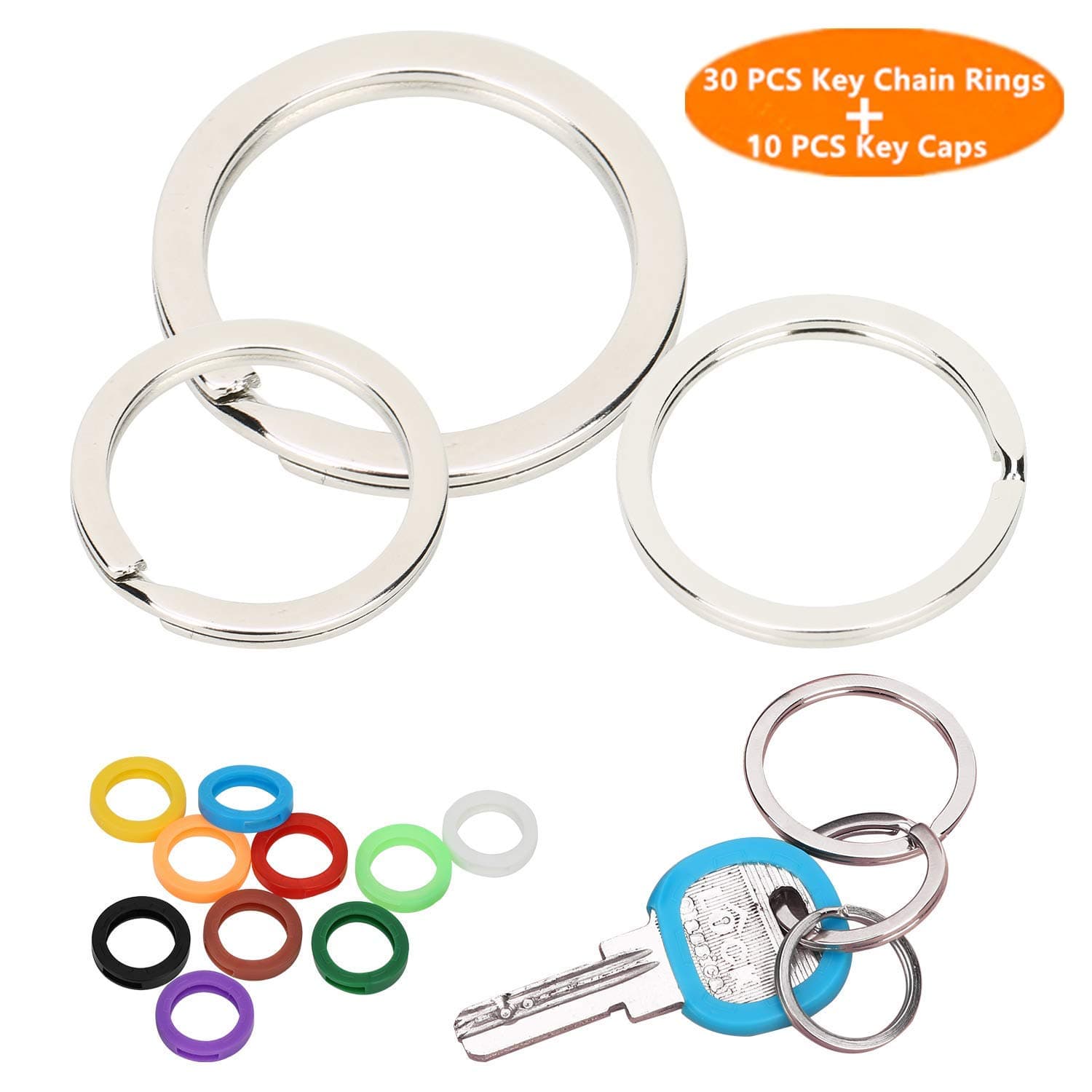 30 Pieces Flat Key Chain Rings Metal Split Keychain Ring for Home Car Keys Organization Attachment, 10 Pieces Plastic Key Caps Covers Tags