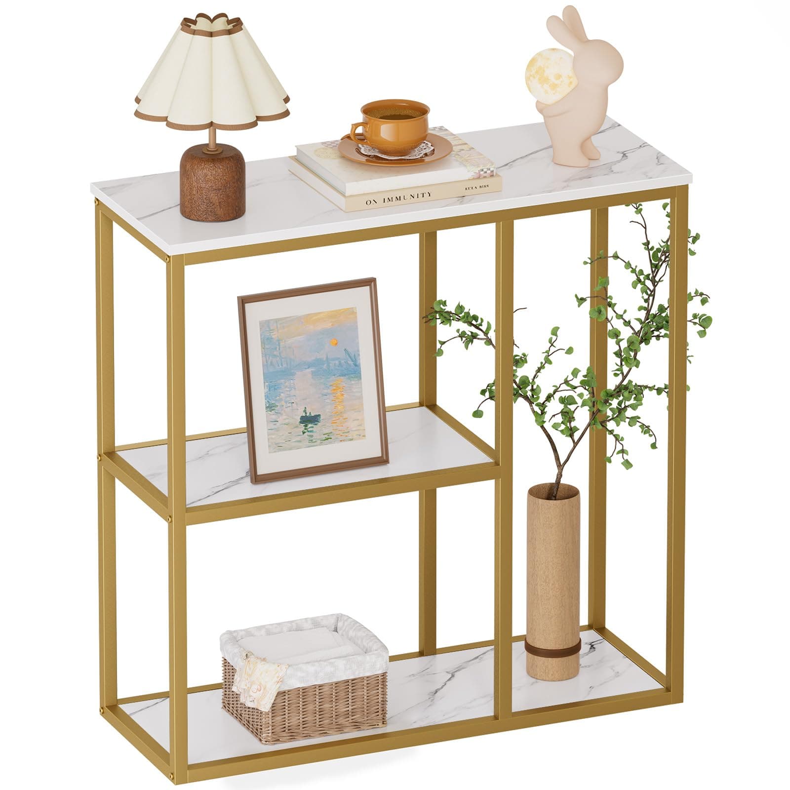 WOHOMO 31.5" Narrow Console Table with 3-Tier Storage, Industrial Sofa Table for Entryway, Living Room & Hallway - Gold Marble Faux Top, Sturdy Metal Frame