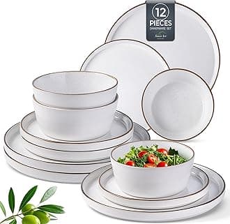 AmorArc Dinnerware Set for 4, 12 Pieces Ceramic Plates and Bowls Set, Handcrafted Speckled Stoneware Plates, Dishwasher & Microwave Safe Dishes- (White, Service for 4)