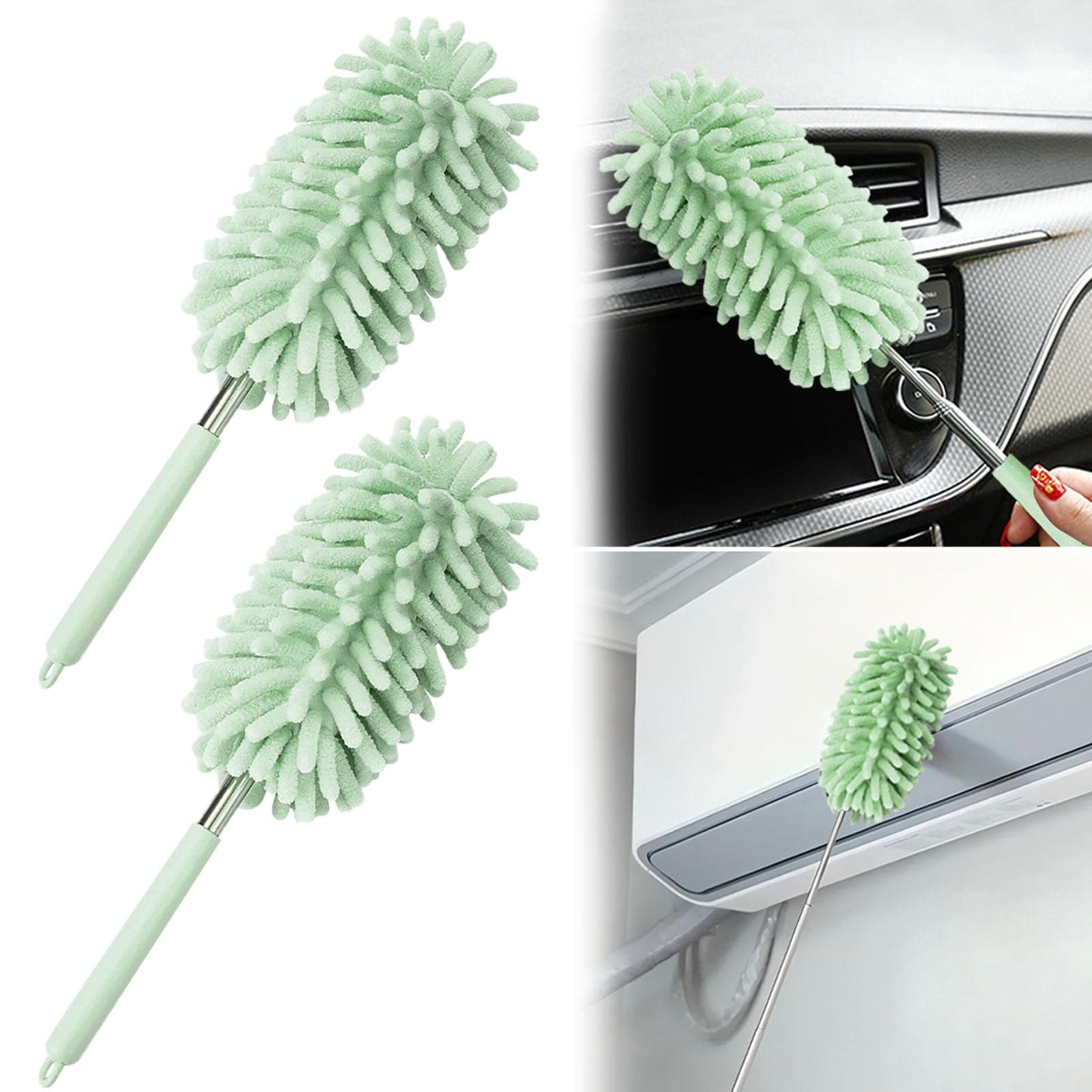 CCREDONE2Pcs Car Interior Duster with Extension Pole Soft Dash Vent Dusting Detailing Wash Brushes with Long Handle Duster Cleaner Tool New Car Must Haves Cleaning Supplies (Green)