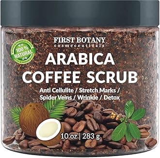 First Botany Cosmeceuticals Natural Arabica Coffee Scrub 12 Oz. With Organic Coffee, Coconut And Shea Butter - Best Acne, Anti Cellulite And Stretch Mark Treatment, Spider Vein Therapy