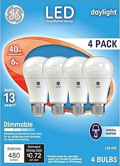 GE Lighting 67614 Dimmable LED A19 Light Bulb with Medium Base, 6-Watt, Daylight, 4-Pack