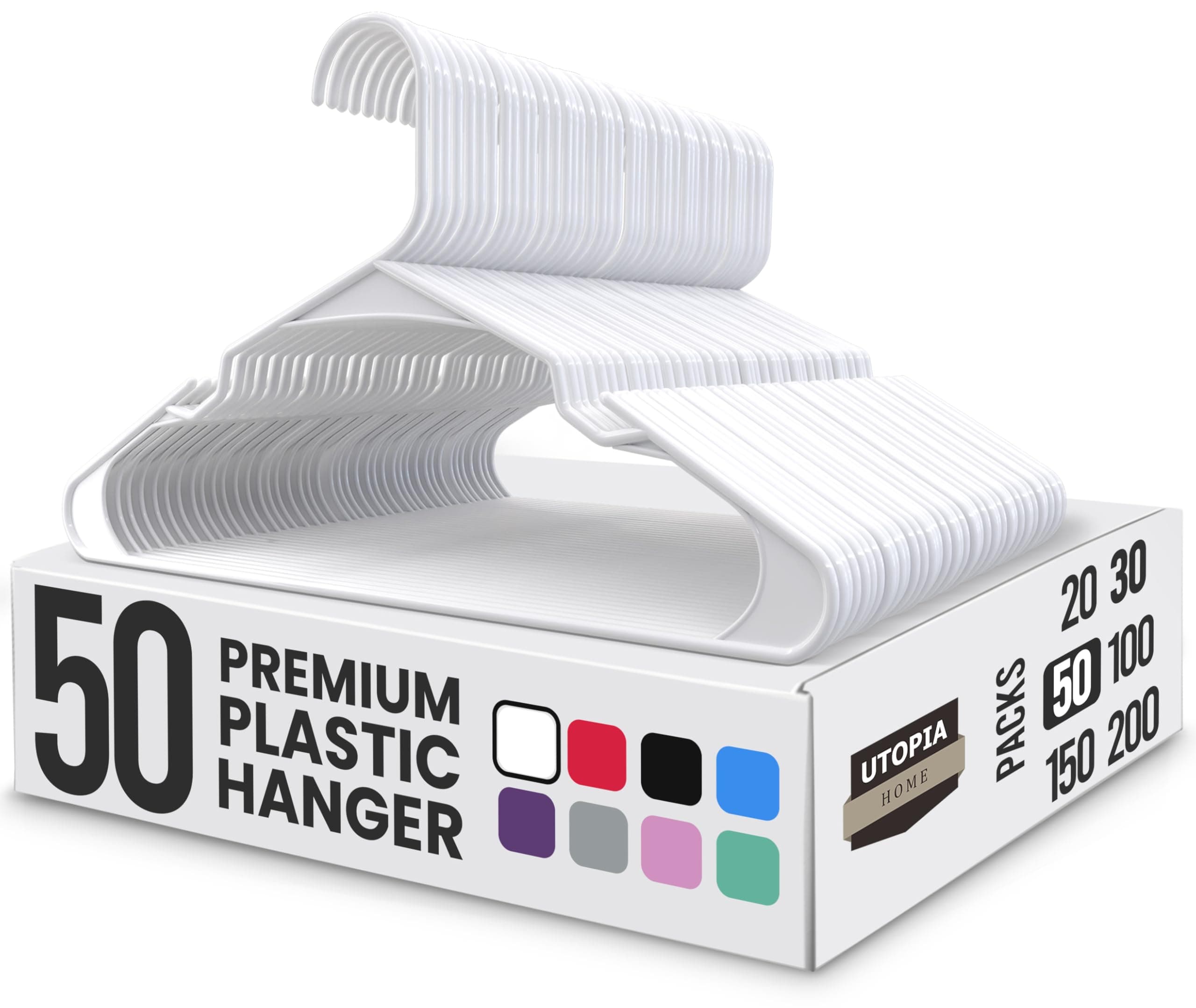 Plastic Hangers 50 Pack - Space Saving Clothes Hanger - Durable and Strong Closet Organizers and Storage Makes It Ideal Stocking Stuffers or Apartment or Dorm Room Essentials (White)