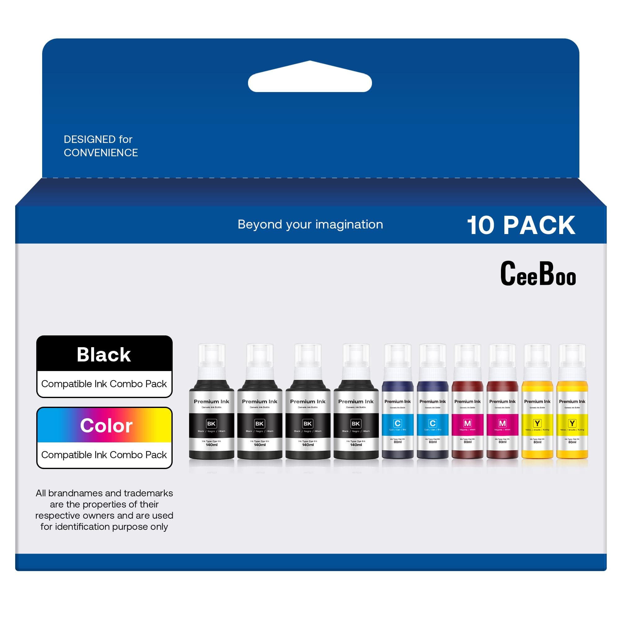 CEEBOO 502 Refill Ink Bottle Replacement for Epson 502 Ink Refill Bottles (Not Sublimation Ink), 4 Black 140 mL, 2 Cyan 80 mL, 2 Magenta 80 mL, 2 Yellow 80 mL, 10 Bottles