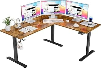 Furmax 63 x 55 Inch L Shaped Standing Desk with 2 Preset Heights, Electric Height Adjustable Computer Table, 2 Hooks & Feet Balance, Corner Sit Stand Desk for Home Office (Rustic Brown)