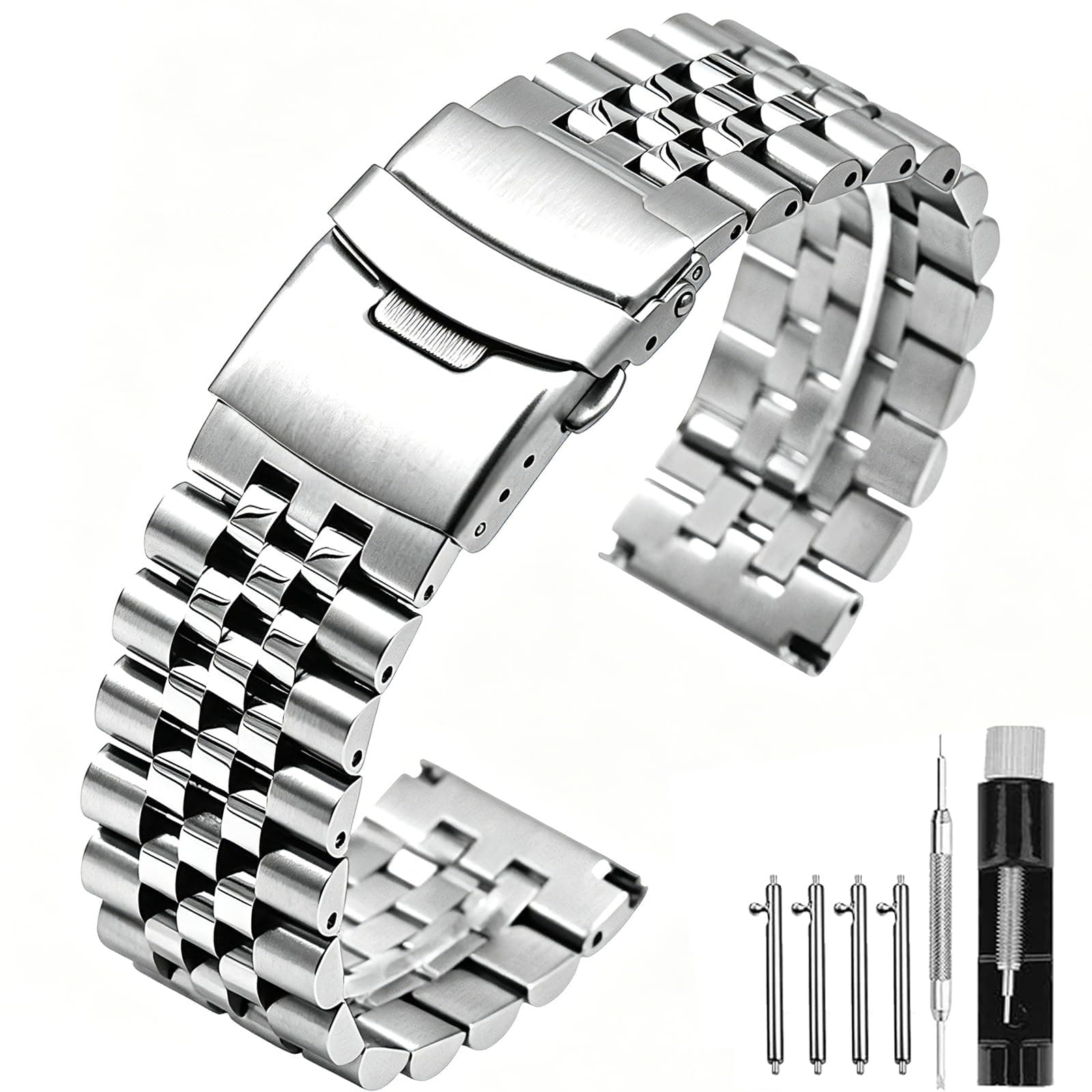 - Super Brushed & Polished 3D Solid Silver Stainless Steel Watch Bracelet Band 20mm 22mm 24mm Security Double Deployment Buckle