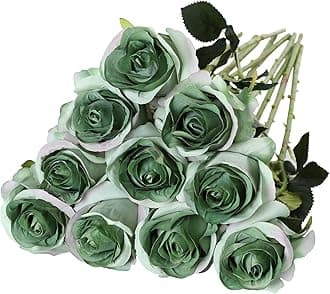 Nubry Artificial Silk Rose Flower Single Stem Lifelike Vintage Fake Rose for Wedding Bouquet Floral Arrangements Home Party Centerpiece Decoration, 10pcs (Vintage Dusty Green)