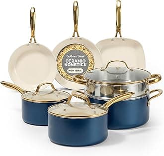 12 Pc Ceramic Pots and Pans Set Non Stick, Kitchen Cookware Sets, Pot and Pan Set, Ceramic Cookware Set, Non Toxic Cookware Set, Non Stick Pots and Pan Set, Dishwasher Safe - Cream Navy…
