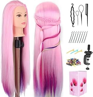 Mannequin Head with Hair, 29" Doll Head for Hair Styling, Cosmetology Practice, Training with Clamp Holder(Pink Four Colors)
