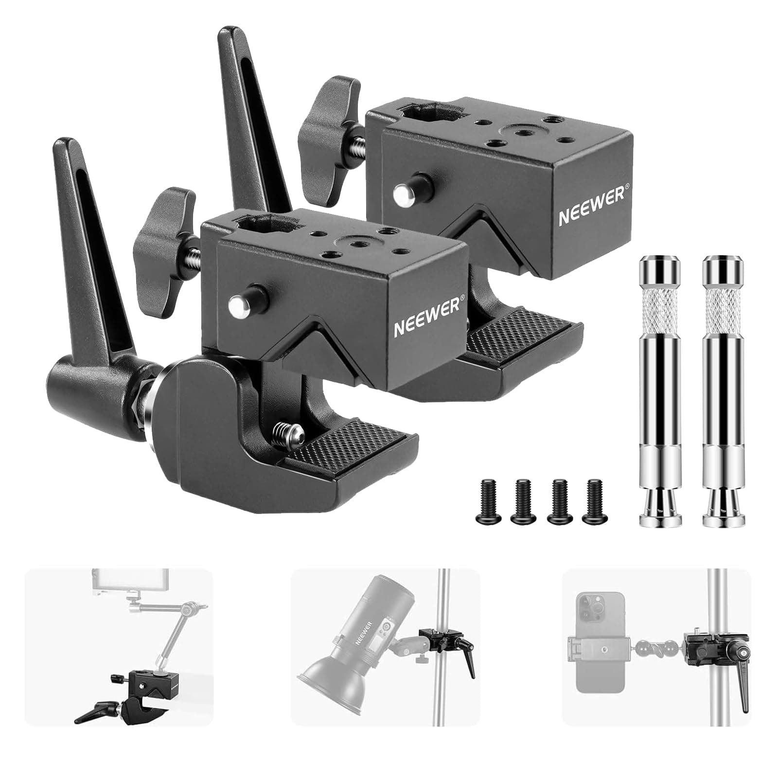 NEEWER 2 Pack Super Clamp with 5/8" Stud, Spring Lock, 2.4" Jaw Grip Heavy Duty Crab Pole Clamp for Round Pipe Flat Surface, for Photography Studio Camera Lighting Mounting, Max Load 33lb/15kg, UA017