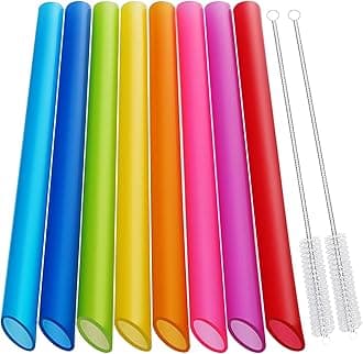 [Angled Tips] 8 Pcs Reusable Boba Straws & Smoothie Straws - Multi Colors Jumbo Wide Reusable Straw, BPA FREE Food-Grade Plastic Straw for Bubble Tea(Tapioca, Boba Pearls), Milkshakes with 2 Brushes