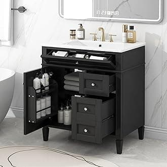 Linique 30" Bathroom Vanity with Sink Combo Set, Solid Wood Frame Bathroom Storage Cabinet with 2 Drawers and a Tip-Out Drawer, Soft Closing Cabinet Door with Organizer, Black