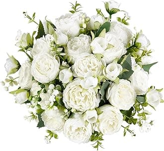 Mkono Peonies Artificial Flowers, Small Silk Flowers for Home Decor Indoor Fake Bouquet Faux Floral Arrangements Dining Table Centerpieces for Kitchen Party Decor White