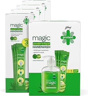 Godrej Protekt Mr. Magic Powder-To-Liquid Handwash 1 Bottle + 15 Refills (Makes 3 Litres), 99.9% Germ Protection