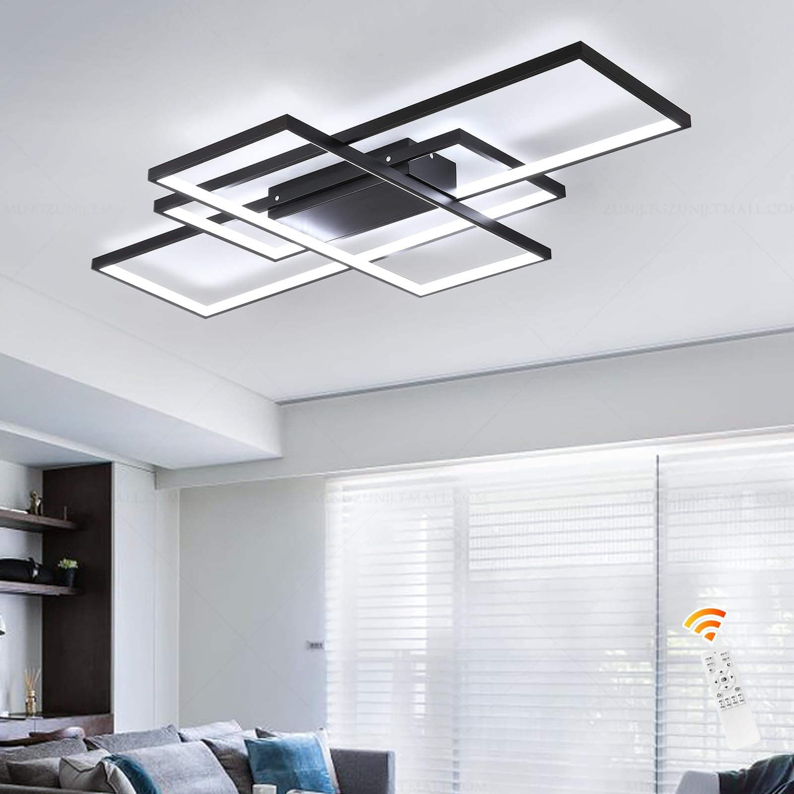 Jaycomey Modern LED Ceiling Lights, Black Dimmable Rectangular Chandelier 68W Flush Mount Ceiling Lamp with Remote 3 Squares Ceiling Light Fixtures for Living Dining Room Bedroom Kitchen, 105cm