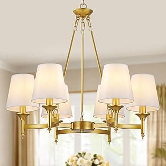 Gold Chandelier with White Shades, 6-Light Modern Farmhouse Chandeliers for Dining Room, Rustic Round Hanging Light Fixture for Kitchen Island Bedroom Office Living Room Entryway