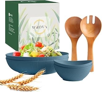 Wheat Straw Bowls Set 6 Pack- 65oz Large Serving Bowl with Wood Salad Servers & 10oz Sauce Bowl- Unbreakable Salad Serving Utensils Set Dishwasher Safe (Blue)