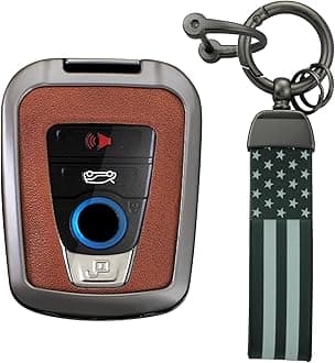 KUNIO PU Leather+Zinc Alloy 4 Button Smart Key Fob Cover Case Fit for BMW 2014-2019 I3 2014-2020 I8 Keyless Key Holder with USA Flag Keychain Car Accessory A Gun Brown