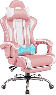 Yaheetech Gaming Chair, Video Game Chair with Massage Lumbar Support and Footrest Height Adjustable Ergonomic Computer Chair with Swivel Seat and Headrest, Pink/White