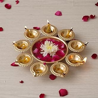 Ascension Diya Shape Flower Decorative Urli Bowl for Home Decor with 9 Attached Oil Diyas for Floating Flowers and Tealight Candles Home Table | Diwali Decoration Items for Pooja Room (9.5inch)