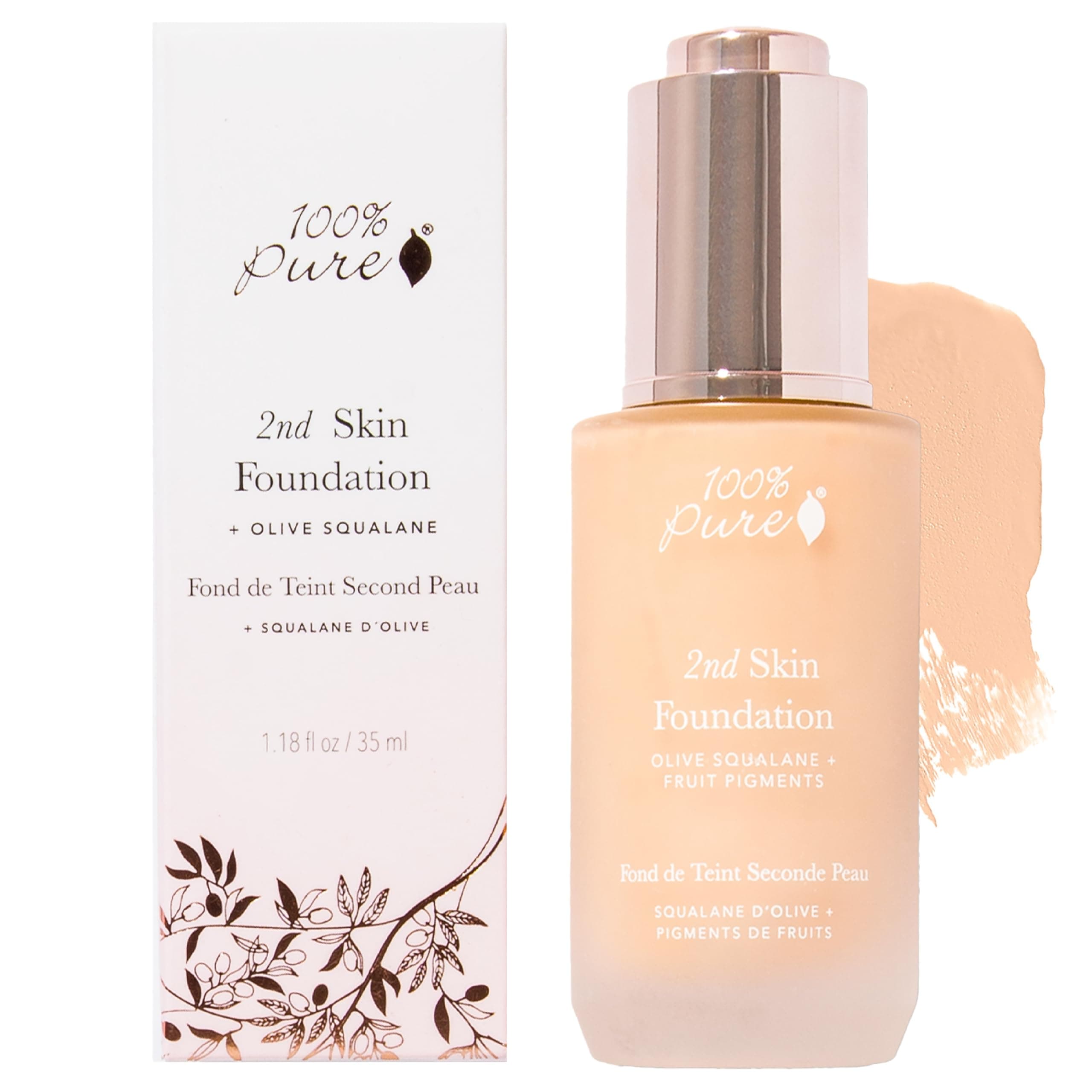 100% PURE 2nd Skin Foundation, Shade 4, Full Coverage, Lightweight, Blendable Formula, Satin Finish, Absorbs Oil, Anti-Aging, Natural, Vegan Makeup (Warm w/Olive Undertone) - 1.18 Fl Oz