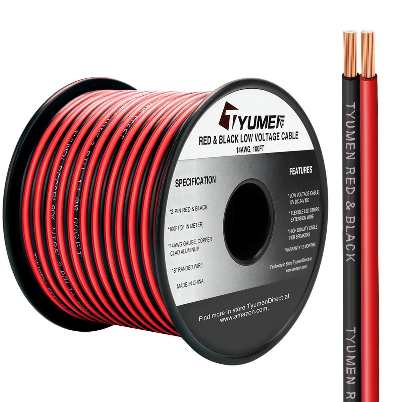 100FT 14/2 Gauge Red Black Cable Hookup Electrical Wire LED Strips Extension Wire 12V/24V DC Cable, 14AWG Flexible Wire Extension Cord for LED Ribbon Lamp Tape Lighting