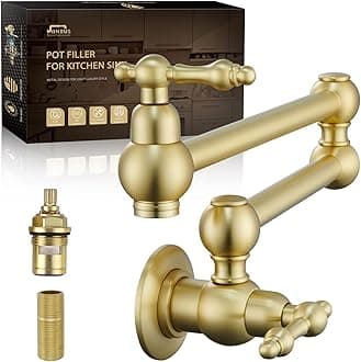 Kitchen Pot Filler Faucet, Dual Valve Wall Mount Pot Filler Faucet, Potfiller, Two Handles Strechable Double Joint Swing Arms (Vintage, Brushed Gold)