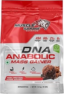Muscle Garage DNA Anabolic Mass Gainer | High Protein Weight Gainer Powder for Muscle Growth & Recovery| With Creatine, BCAAs & Vitamins | 4.5 Kg (4.5 kg, choco carmel)