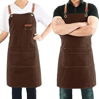 Canvas Apron with Pockets and Cross-back Straps for Chef Kitchen Cooking BBQ, Barista Bartender Barber Shop and Art Gardening Work Professional Aprons - Brown