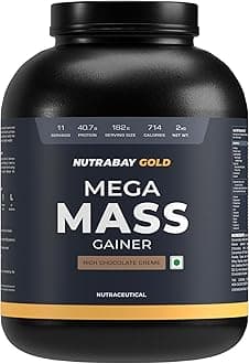 Nutrabay Gold Mega Mass Gainer Powder - 2kg, Rich Chocolate Creme | 100% Veg | 40.7g Protein, 122g Carbs, 714 Calories | Muscle Building & Weight Gainer Supplement for Men & Women