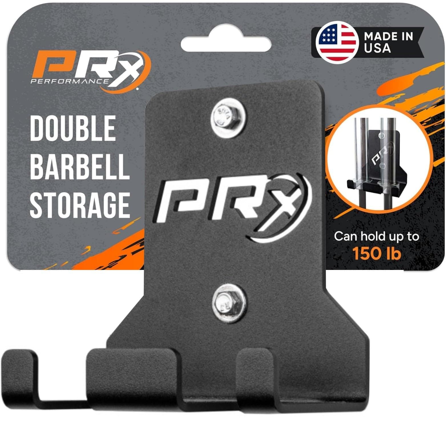 PRx Performance Wall-Mounted Barbell Storage Rack - Space-Saving 2-Bar Holder for Home & Commercial Gym, American-Made, Durable Fitness Equipment, Ideal for Workout and Garage Gym Accessory, Black