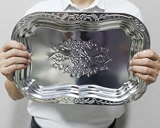 14 inches - Set of 1 - Metal Decorative Tray, Jewelry Dish Cosmetics Organizer Bathroom Clutter Serving Platter Storage Tray (1 Pack)