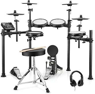 DED200X E Drum Set, E Drums with Quiet Mesh Drum Pads, 2 Cymbals with Choke, 31 Kits and Over 450 Sounds, Throne, Headphones, Sticks, USB MIDI, Melody Lessons (5 Pads, 4 Cymbals)