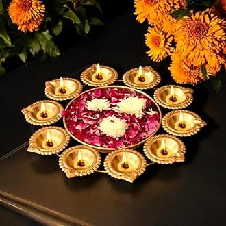 ascension Diya Shape Flower Decorative Urli Bowl for Home Decor with 10 Attached Oil Diyas for Floating Flowers and Tealight Candles Home Table | Diwali Decoration Items for Pooja Room (11.5inch)