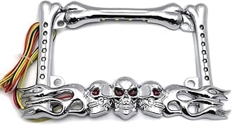 HTTMT - 3D Chrome Skull and Flame Bone License Plate Frame with Brake LED Compatible with H-D Kawasaki [P/N: MT294-006A-CD]