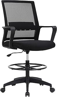 Drafting Chair Tall Office Chair Adjustable Swivel Rolling Mesh Height with Lumbar Support Arms Footrest Mid Back for Adults Standing Desk Drafting Stool(Black)
