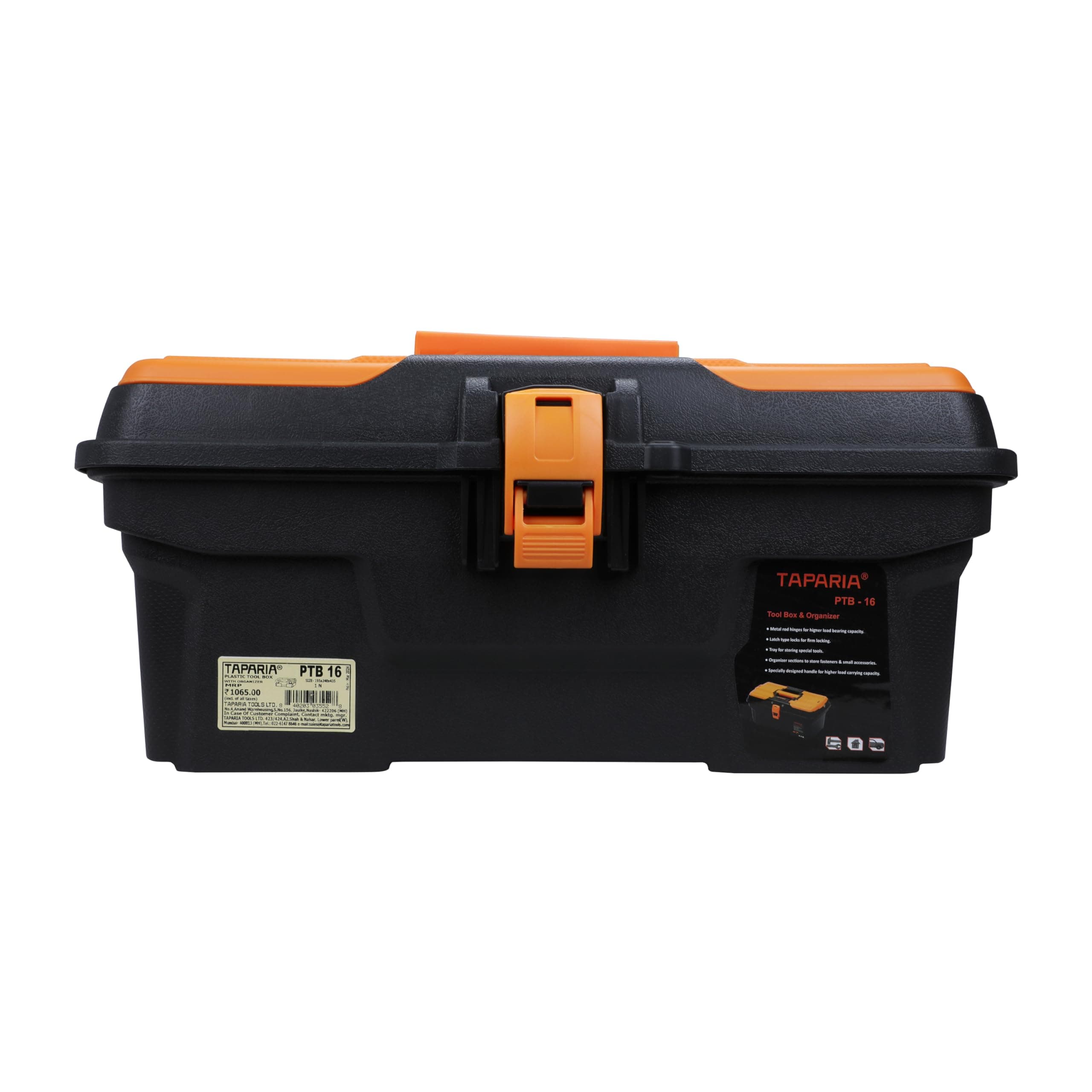 Taparia PTB16 Compact Plastic Tool Box with Organizer (Orange and Black)