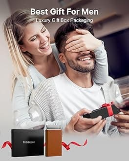 typecase Mens Wallet Card Holder: Pop Up Aluminum Case, Genuine Leather, Smart, RFID Blocking, Slim, Minimalist, Front Pocket - 9-14 Card Capacity | ID Window | Cash Slot (Oil Brown)