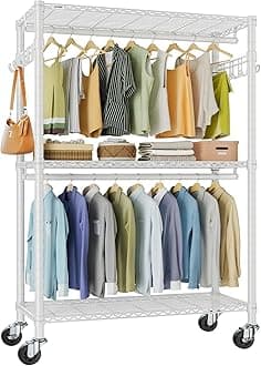 R2 Plus Rolling Garment Rack 3 Tiers Adjustable Wire Shelving Clothes Racks with Wheels, Freestanding Wardrobe Storage Rack Heavy Duty Metal Clothing Racks for Hanging Clothes, White