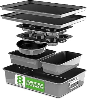 8-Piece Nonstick Stackable Bakeware Set - PFOA, PFOS, PTFE Free Baking Tray Set w/Non-Stick Coating, 450°F Oven Safe, Round Cake, Loaf, Muffin, Wide/Square Pans, Cookie Sheet (Gray)