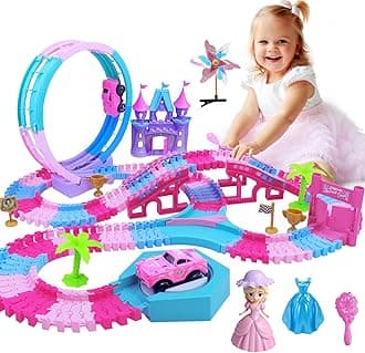 178 PCS Track Toy, Pink Racing Tracks Toys for 3 4 5 6 Year Old Girls, Flexible Tracks Car Magic Bendable Race Track Princess Toys with Light & Music for Toddlers, Kids and Girl Xmas Birthdays Gifts