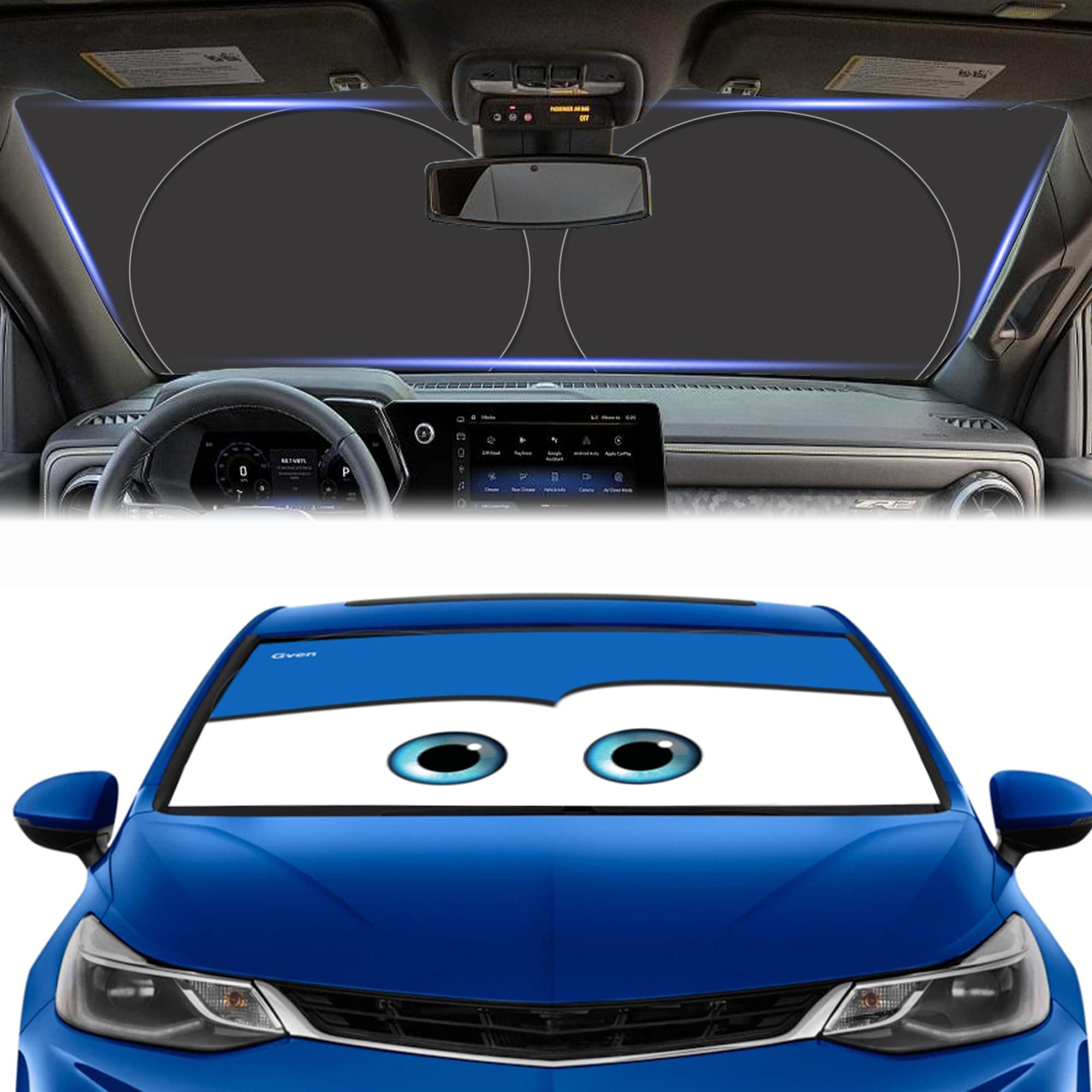 Gven windshield shade, car sun shade for front windshield funny car eyes sunshades sun visor protector blocks uv rays foldable 210t keep your vehicle cool (eyes-blue, large)