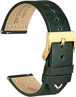 WOCCI 18mm Old-fashioned Watch Band for Men, Top Grain Leather, Golden Polished Buckle (Army Green)