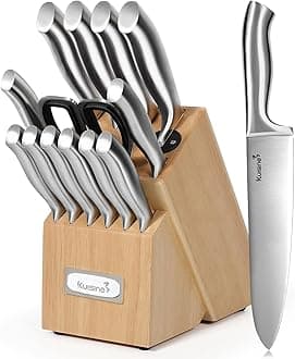 Premium Sharp Knife Set,Carbon Steel Knife Set Forged,Ergonomic Handle Knife Block Set,Kitchen Block Knife Set,Chef Knife Set Built-in Sharpener(Silver Pro, 15PCS)