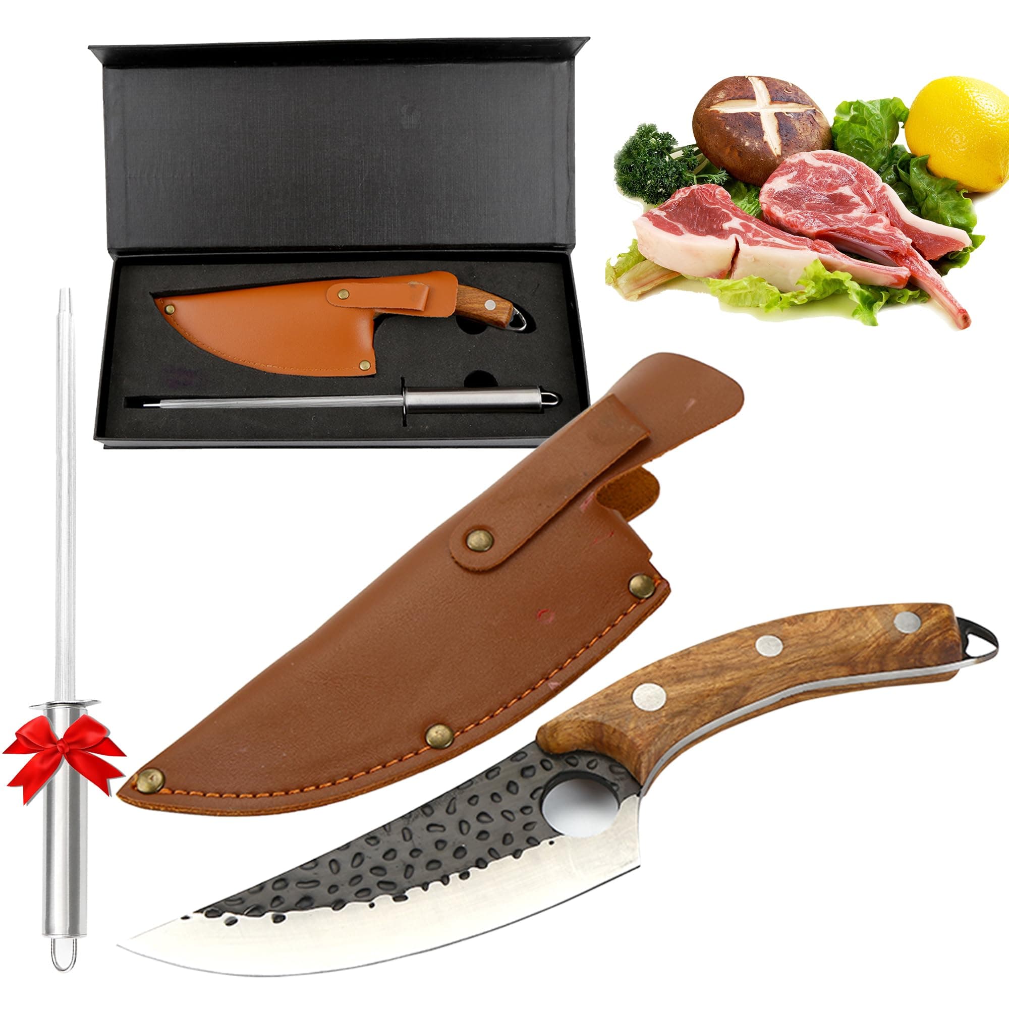 Kitchen Meat and boning Knife with multi-function cooking knife leather case packing rosewooden handle stainless steel kitchen chef knife comes with a steel sharpener as a GIFT