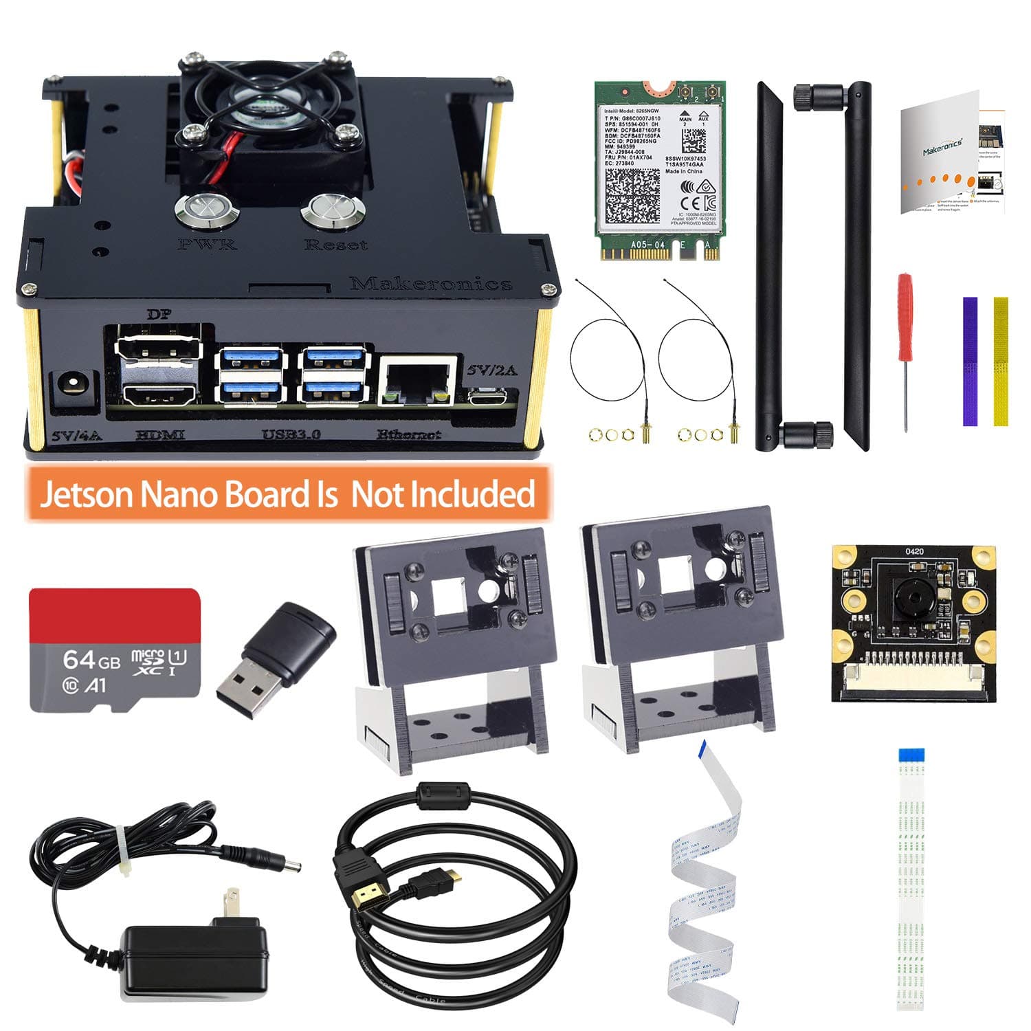 Makeronics Developer Kit for Jetson Nano -IMX 219-77 Camera Module with Camera Case| 64GB Class 10 TF Card with Card Reader | Jetson Nano Acrylic Case for A02 and B01