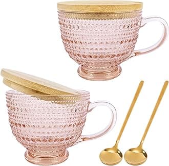 Pink Vintage Latte Mugs Set of 2, 16oz Large Pink Glass Embossed Coffee Mug Latte Tea Cup with Bamboo Lid and Spoons, Insulated Tea Cups Iced Water Ribbed Glasses Breakfast Cup Set Gift for Family