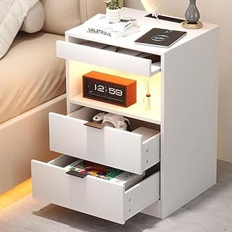 Yusong Night Stand, Bedside Table, LED Nightstand with Charging Station, Modern Night Stand, Wood Sofa Couch End Side Table with 2 Pull-Out Shelf (White 001)