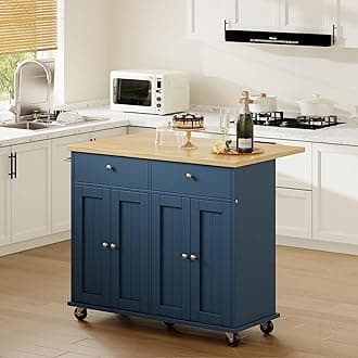 Shintenchi Kitchen Island with Drop Leaf, Rolling Kitchen Cart with Storage on Wheels, Table Bar Cart for Kitchen with Towel Rack & Seating Area for Dining Room, Blue