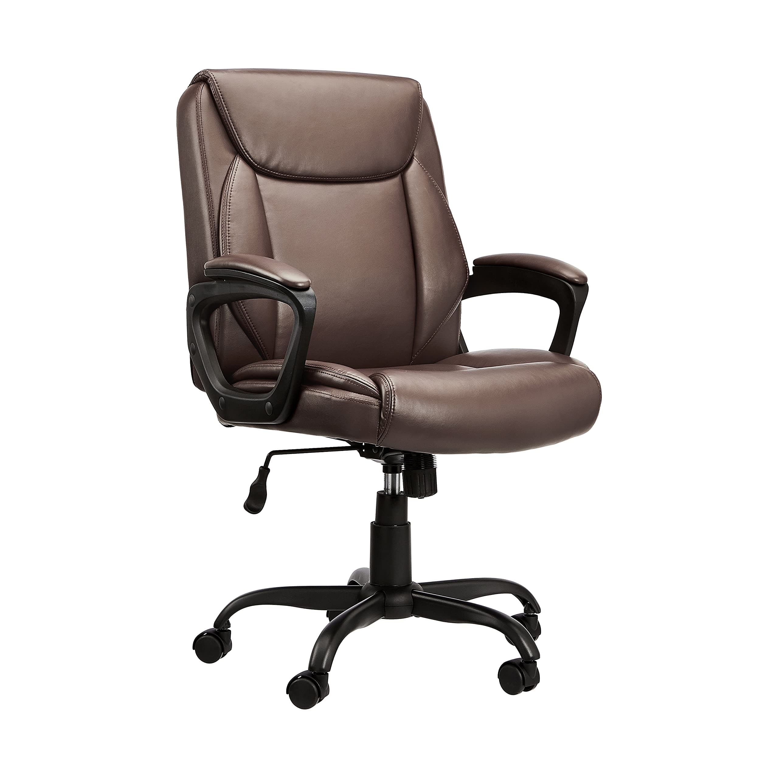 Amazon Basics Classic Leather-Padded Mid-Back Office Computer Desk Chair with Armrest - Brown, BIFMA Certified